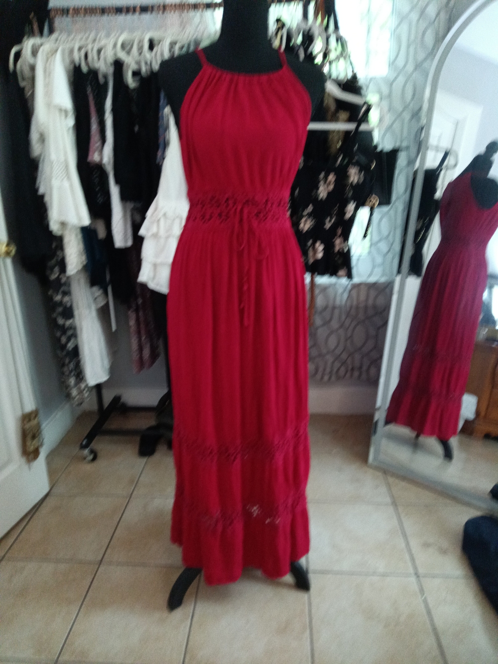 No Boundaries Red Halter-Style Maxi Dress with Smocked Waist